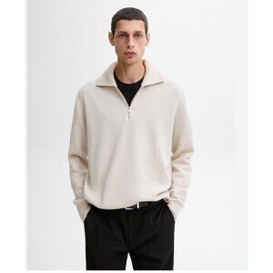 Massimo Dutti Mens Wool Sweater M Medium Beige Mock Neck 1/4 Zip 0993/320 NWT